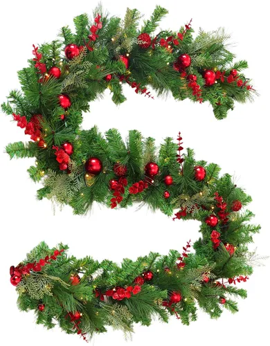 Guirnalda de Navidad preiluminada de 9 pies con luces, guirnalda de Navidad para mesa, chimenea, escalera, manto de pared, decoración de interiores