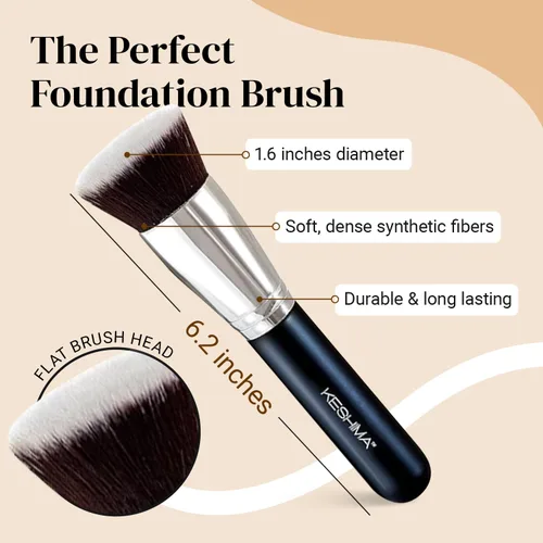 Vista 2 de Keshima - Paquete de brochas grandes para base de maquillaje Kabuki de parte superior plana, brocha para pulir, mezclar y cara, brochas