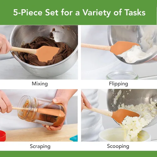 Vista 2 de Tovolo Juego de 5 espátulas de silicona con mango de madera, juego de utensilios de cocina de silicona, espátula, raspador, mini espátula y cuchara