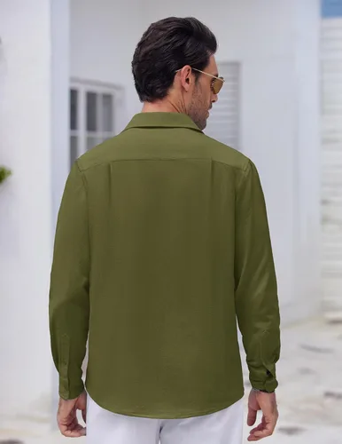 Vista 5 de COOFANDY Camisa cubana de lino guayabera con botones y manga larga para hombre
