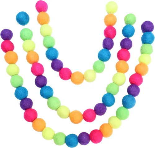 Guirnalda de bolas de fieltro 100% lana pompón ensartado a mano (0.8 in, 60 pompones, cuerda de 10 pies) | Brillante arco iris rosa azul brillante
