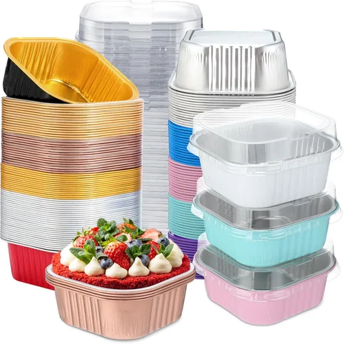 Vista 12 de Aoriher 150 moldes cuadrados de 10 onzas para pasteles con tapas, tazas de brownie de aluminio para hornear, moldes desechables para cupcakes