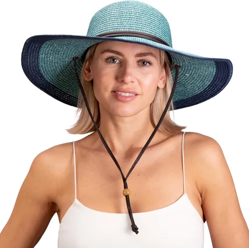 Vista 14 de Sloggers Sombrero de sol trenzado de ala ancha para mujer con cordón de viento, protección solar máxima UPF 50+ Piedra