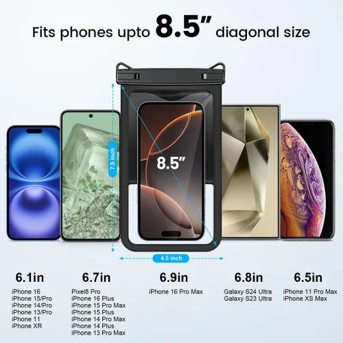 Vista 2 de [Bolsa impermeable para teléfono de hasta 8.5 pulgadas, paquete de 2 fundas impermeables para iPhone 16 15 14 Pro Max Galaxy S25 S24 Ultra, bolsa