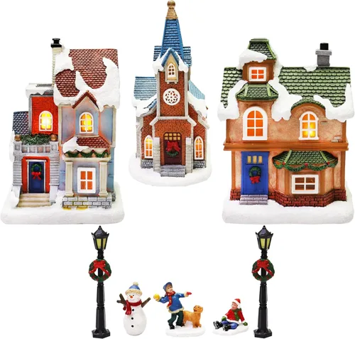 Vista 3 de MOMENTS IN TIME Christmas Village - Juego de 12 piezas, con luces LED, funciona con pilas (no incluidas)