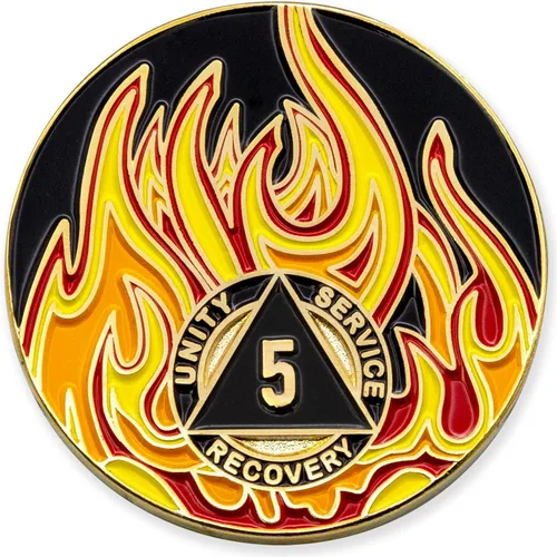 Vista 70 de Medallón de recuperación AA chapado en oro de 1 año Twisted Flames - Negro/Rojo/Naranja/Amarillo