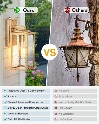 Vista 6 de VIANIS Lámpara de pared dorada para exteriores, sensor de anochecer a amanecer, apliques de montaje en pared exterior linternas luminaria para casa