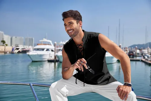 Vista 2 de COOFANDY Camisetas sin mangas de algodón y lino para hombre, estilo casual, estilo Henley, color negro