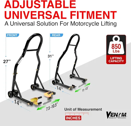 Vista 5 de Venom soporte de paleta frontal y trasera en combo para motocicleta deportiva, soporte para elevación de rueda, soporte de potrero en combo