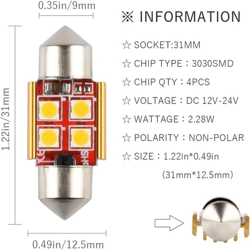 Vista 2 de 1797 Bombilla LED de 1.220 in DE3175 DE3021 DE3022 de 1.220 in, luz blanca cálida 3030 SMD para coche, placa de matrícula, cajuela, luces