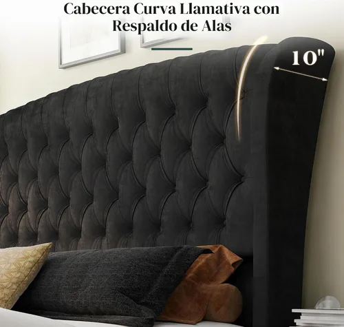 Vista 3 de LUXOAK Queen Size Upholstered Sleigh Bed Frame with Tufted Headboard Negro