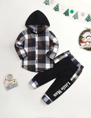 Vista 7 de Axumity Ropa para bebé niño pequeño, sudadera con capucha con botones, pantalones de bloque de color, 2 piezas, traje de primavera