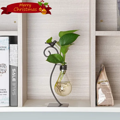 Vista 3 de Marbrasse Maceta/Florero de Vidrio Hidropónico de Escritorio, Florero de Bulbo con Soporte para Decoración del Hogar, Soporte Moderno y Creativo
