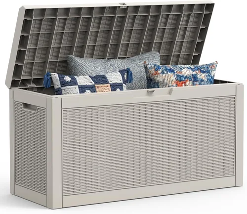 Vista 10 de Mars Villa Caja de almacenamiento para exteriores de 31 galones, contenedor de almacenamiento de resina impermeable, resistente a la intemperie y a