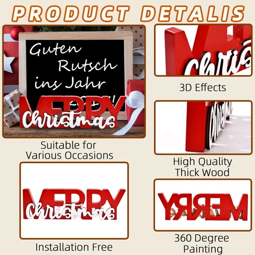 Vista 7 de GHOSTMAGIC Letrero de Feliz Navidad, Decoración de Navidad de Madera, Centro de Mesa Independiente, Decoración de Fiesta de Navidad para Mesa