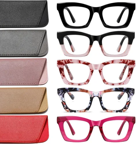 Vista 7 de Hubeye 5 Pairs Oprah Style Square Reading Glasses for Women Men Blue Light Blocking Computer Readers with leather case