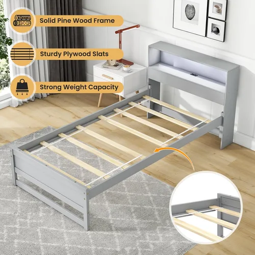 Vista 6 de Giantex Base de cama individual con cabecera de almacenamiento, plataforma de madera con estación de carga y luz LED, cama individual con soporte