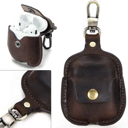 Vista 3 de Genuine Leather Case Compatible with AirPods 1 & 2, Full Grain Crazy Horse Leather Protective Cover with Keychain, Supports Wireless Charging（Brown