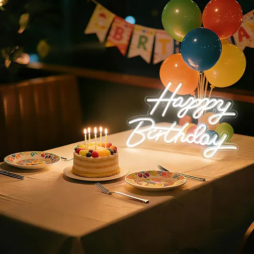 Vista 7 de Letrero de neón de feliz cumpleaños para decoración de pared, luz LED de neón regulable para decoración de pared, letreros LED de feliz cumpleaños
