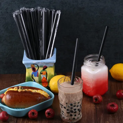 Vista 5 de [Envueltas individualmente] 100 popotes desechables de color negro para batidos, pajitas de plástico de boca ancha