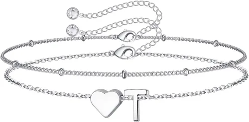 Vista 17 de M MOOHAM Pulseras de oro con inicial de corazón para mujer, pulseras con dije de letra A-Z de corazón dorado en capas para mujer, pulseras