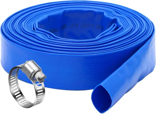 DAVCO Manguera de retrolavado de piscina de 1.25 pulgadas x 50 pies, manguera de bomba de descarga de agua plana de PVC azul reforzado resistente