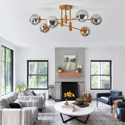 Vista 5 de DDLLDESHI Lámpara de araña de 6 luces dorada con cubierta esférica de vidrio Sputnik, lámpara de techo de 34" de gran tamaño para comedor, lámparas
