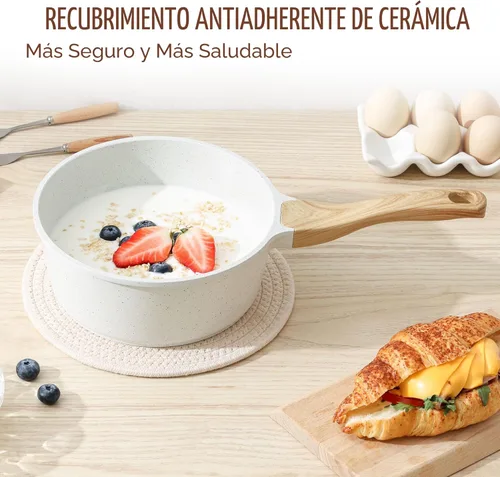 Vista 7 de SENSARTE Cacerola antiadherente de cerámica blanca con tapa de 1.5 cuartos de galón, olla pequeña con mango Stay Cool, cacerola compatible