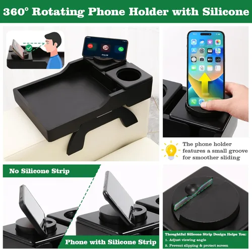 Vista 8 de GHKINMAL Bandeja Portavasos para Sofá, 15.4"x9.9" Bandeja Grande 4 en 1 para Brazo de Sofá con Soporte para Teléfono Giratorio de 360°, Clip