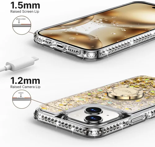 Vista 7 de Silverback Funda para iPhone 15, funda con purpurina holográfica líquida en movimiento con soporte, para niñas y mujeres, funda protectora