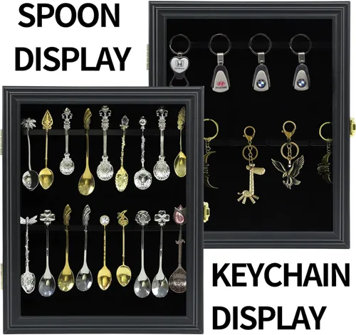 Vista 2 de 18 Recuerdo Cuchara de té vitrina de montaje en pared Bloqueable Protección UV Puerta de acrílico Soporte de exhibición de madera para la colección