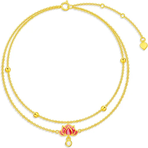 Tobillera de loto de oro real de 14 quilates para mujer, joyería de tobillo con cuentas de oro real, regalo para el día de la madre, esposa, amiga,