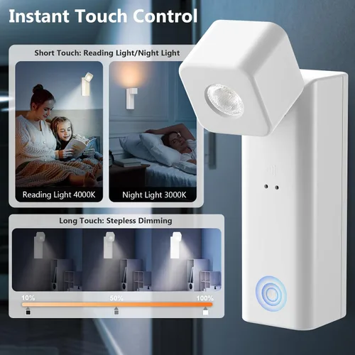 Vista 3 de Yochoice Aplique de pared recargable con batería con luz nocturna, lámpara de pared inalámbrica de 4000 mAh, lámpara de lectura LED regulable