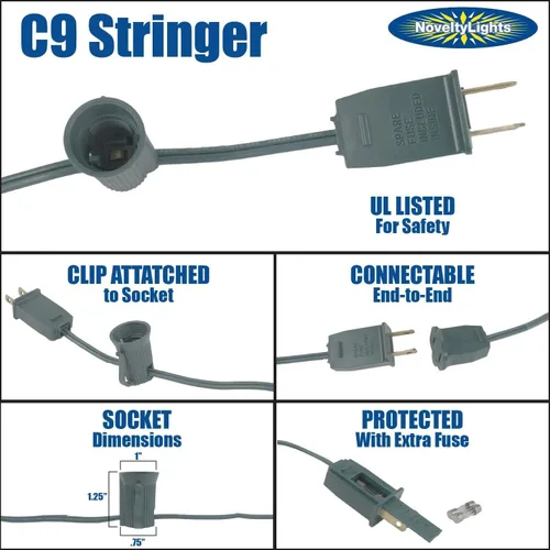 Vista 6 de Juego de luces de Navidad C9 de cerámica amarilla de 25 pies para exterior - Bombillas opacas - Cadena de luz para el tejado - Cable verde