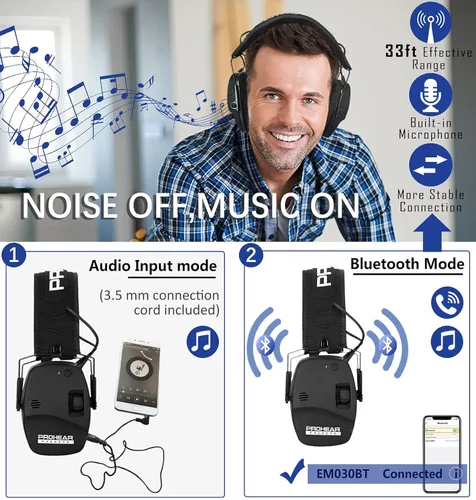 Vista 5 de PROHEAR 016 y 030 Pasivo y electrónico con Bluetooth Disparo Orejeras de seguridad de protección auditiva, protector auditivo delgado con perfil bajo