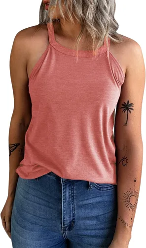 Vista 2 de KINLONSAIR - Camisetas sin mangas de verano para mujer con cuello redondo, estilo halter, para entrenamiento, casual, de tirantes, básicas A16_salmón