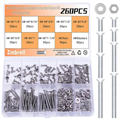 Tornillos de máquina 4#-40 Phillips Cross Tornillo 260 piezas 304 Acero inoxidable Phillips Cabeza plana Tornillos de máquina Tuercas Hilo completo