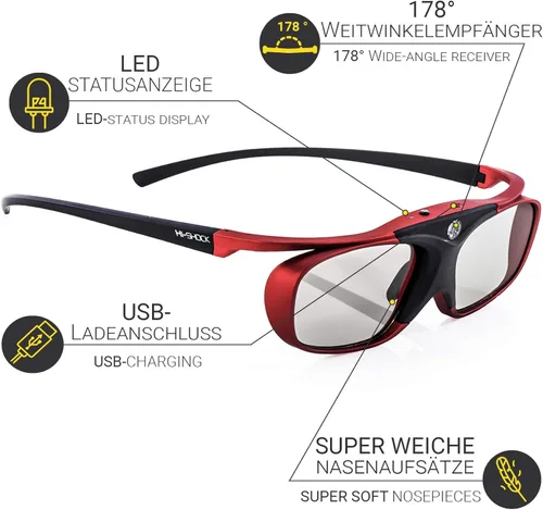 Vista 3 de Hi-SHOCK Gafas activas 3D Scarlet Heaven para proyector 3D compatibles con Sony, Epson y JVC y TDG-BT400A, TDG-BT500A, TY-ER3D5ME, SSG-3570CR