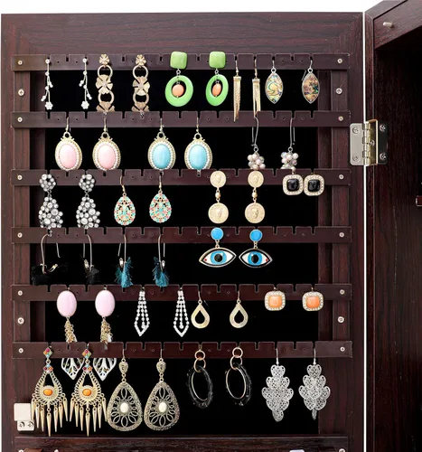 Vista 4 de MIYACA 6 LEDs Jewelry Mirror Armoire Organizer Lockable Jewelry Cabinet WallDoor Mounted with Full-Length Body Dressing Mirror and Larger Capacity