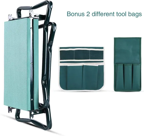 Vista 5 de Banco plegable 2-en-1 para jardín, de la marca Ohuhu, reclinatorio y asiento, incluye 2 bolsas de herramientas, para exterior, Verde