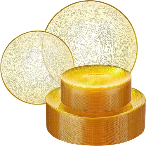 Vista 7 de Liacere 100 piezas de platos de plástico duraderos - Platos de plástico gris con borde dorado - 100 platos grises para cena, perfectos para bodas