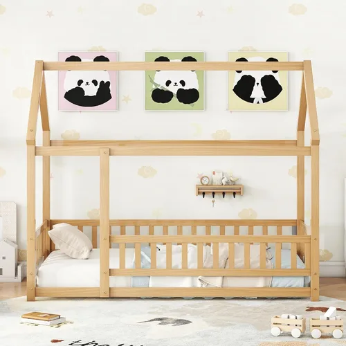 Vista 59 de Bellemave Cama Montessori de madera con valla y techo para niños, marco de cama individual para niños, niñas (individual, blanco)