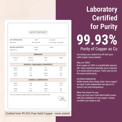 Vista 5 de Botella de agua de cobre puro 99.93% para agua potable, recipiente de cobre ayurvédico de alta calidad de 34 onzas con tapa, boca ancha, a prueba