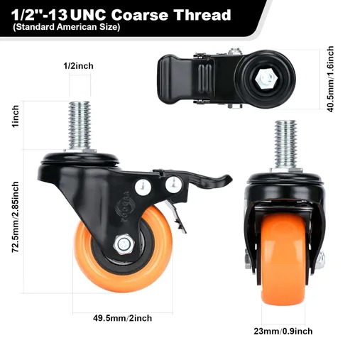 Vista 2 de Ruedas giratorias de vástago de 2 pulgadas: juego de 4 ruedas giratorias de alta resistencia de 600 libras, ruedas roscadas de 1/2"-13 x 1", ruedas