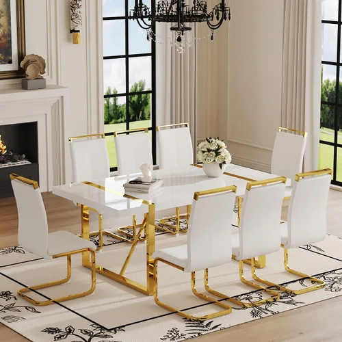 Vista 27 de Mesa de comedor Ebullient para 4, mesa de comedor rectangular negra de MDF, tapa de mesa de cena de mármol falso, mesa de comedor moderna con marco