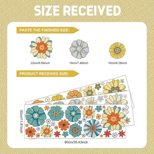 Vista 3 de Calcomanía de pared de flores retro bohemias, calcomanías de decoración floral retro, calcomanías de flores de estilo bohemio para dormitorio