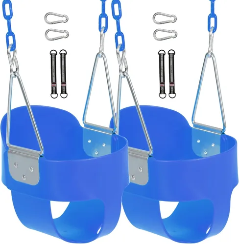 Vista 16 de asiento de columpio para niños pequeños con cadenas recubiertas, respaldo alto resistente con correas para árbol y ganchos para exteriores, parque