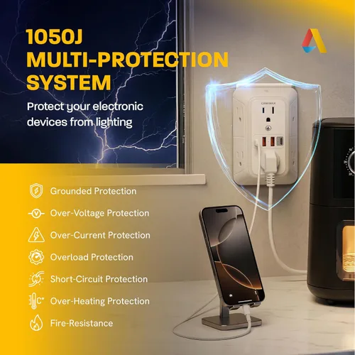 Vista 5 de Multi Plug Wall Outlet Extender - 6 Outlet Splitter & 4 USB Ports with 20W PD USB-C Fast Charging, Smart Night Light, 3-Sided 1050J Surge Protector