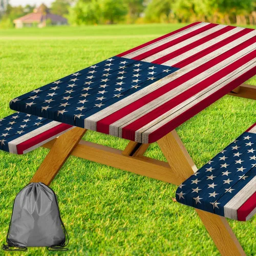 Vista 79 de Funda para Mesa de Picnic con Fundas para Bancos y Bolsa, Campista de Madera Impermeable Resistente al Viento, Cubierta de Mantel Ajustada con Borde