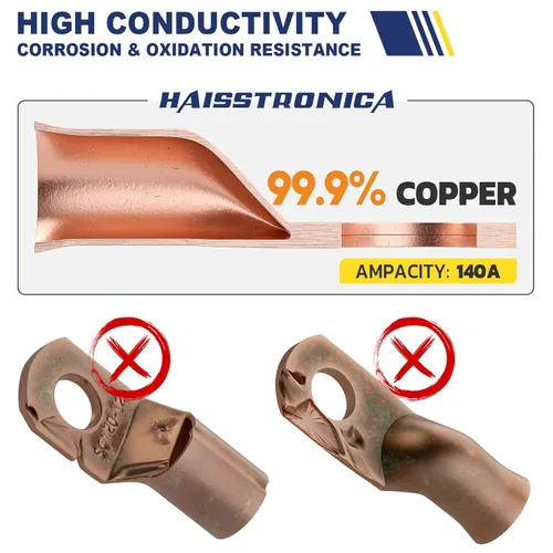 Vista 2 de haisstronica 10 piezas de lengüetas de batería de cobre estañado de 4 AWG - 14 mm (M8), lengüetas de alambre de cobre resistentes con 10 piezas